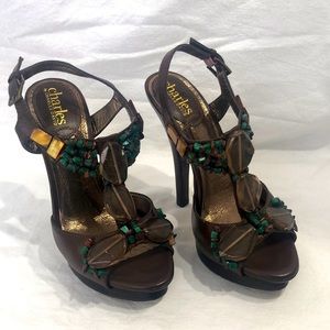 Charles by Charles David brown leather beaded sandals with platform. Sz 5 1/2